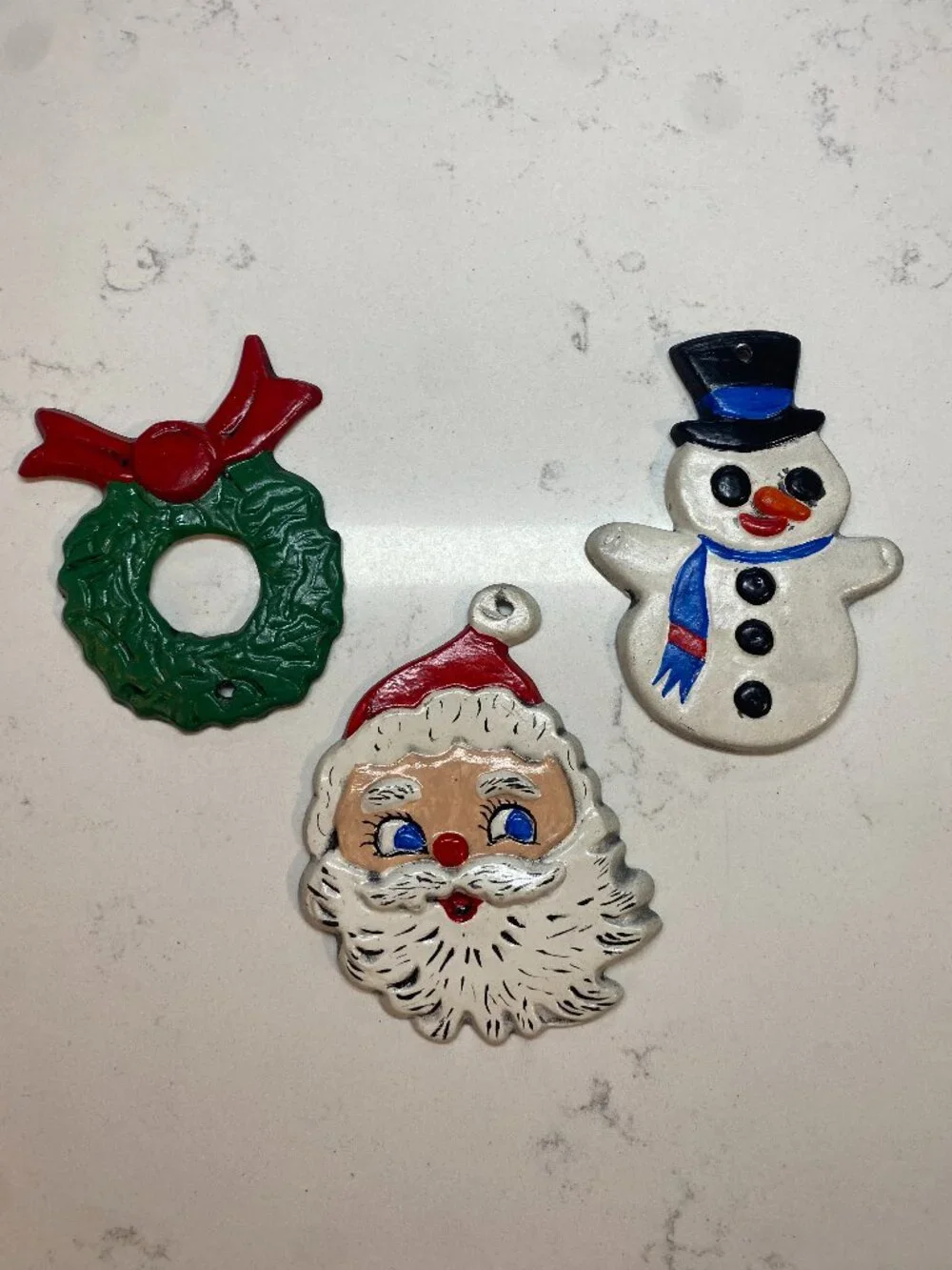 Vintage Metal Christmas Ornaments Set of 3 Santa Snowman Wreath Hand Painted